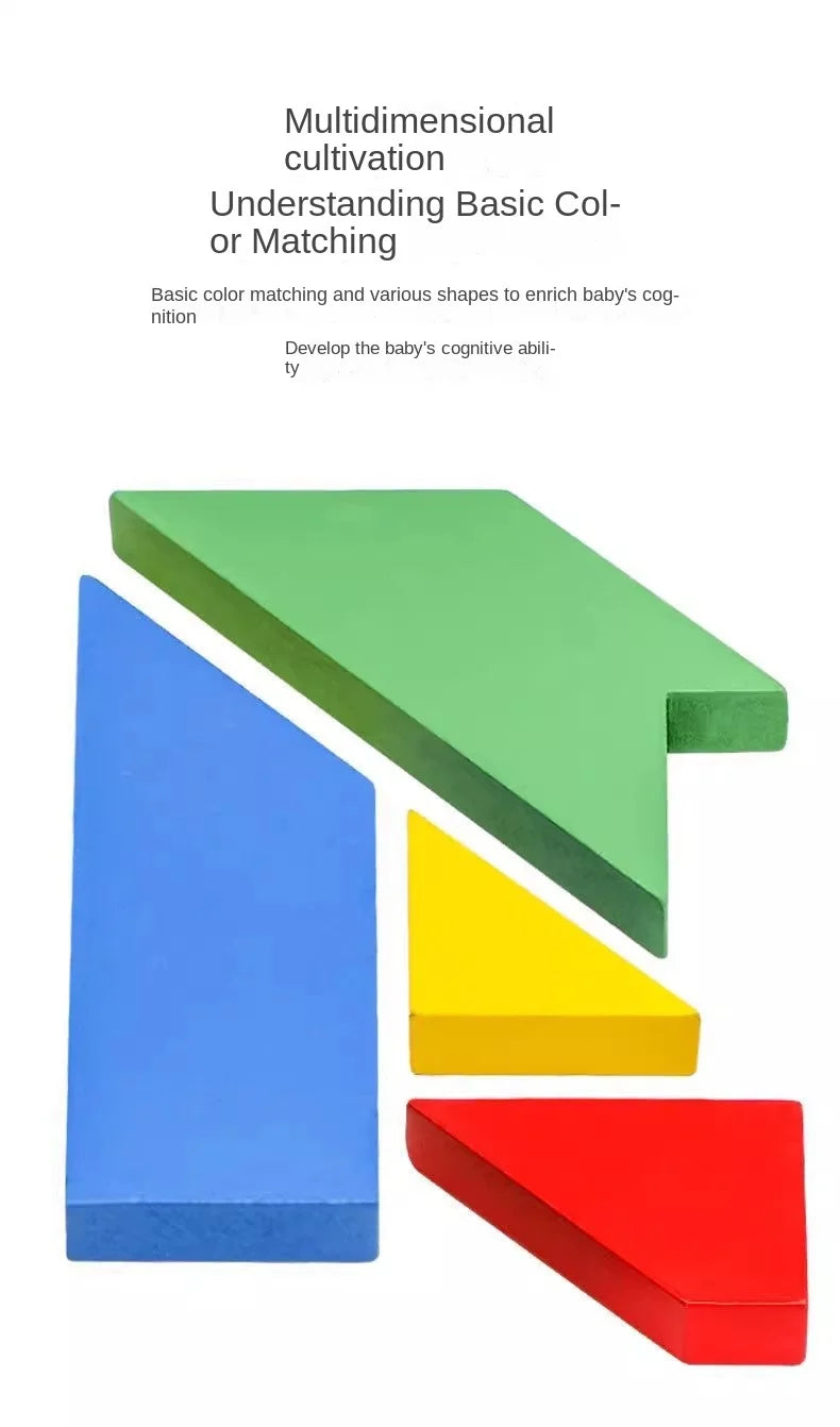 A set of colorful wooden tangram puzzle pieces including blue, green, yellow, and red geometric shapes.
