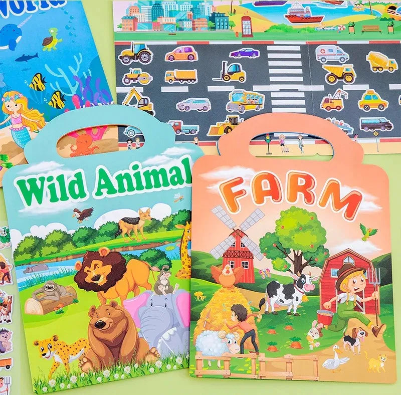 A colorful sticker book featuring scenes of wild animals and a farm, designed for kids.