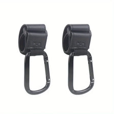 A pair of black heavy-duty stroller hooks designed for hands-free organization.
