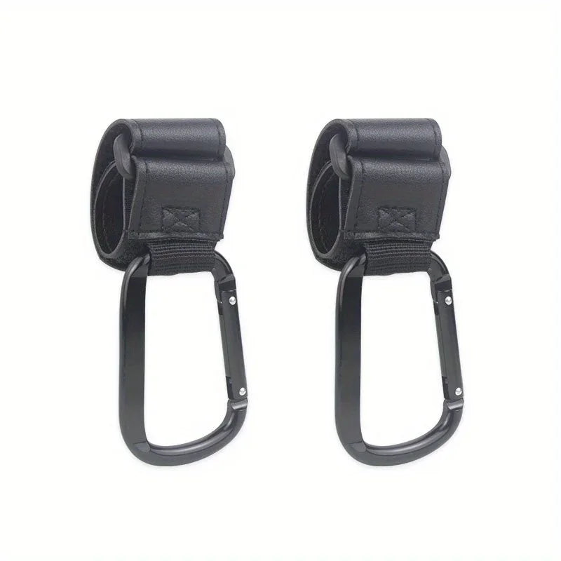 A pair of black heavy-duty stroller hooks designed for hands-free organization.