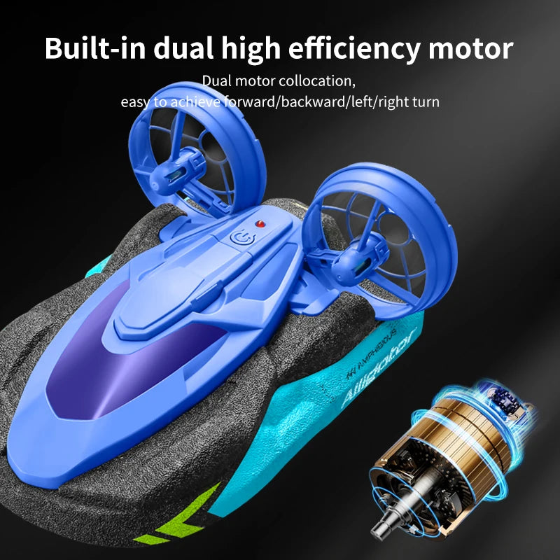 Un bateau RC électrique bleu avec moteur double haute efficacité, à côté de son unité de moteur démontée.