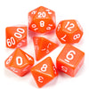 A collection of orange acrylic dice showing various numbers and shapes on a white background.