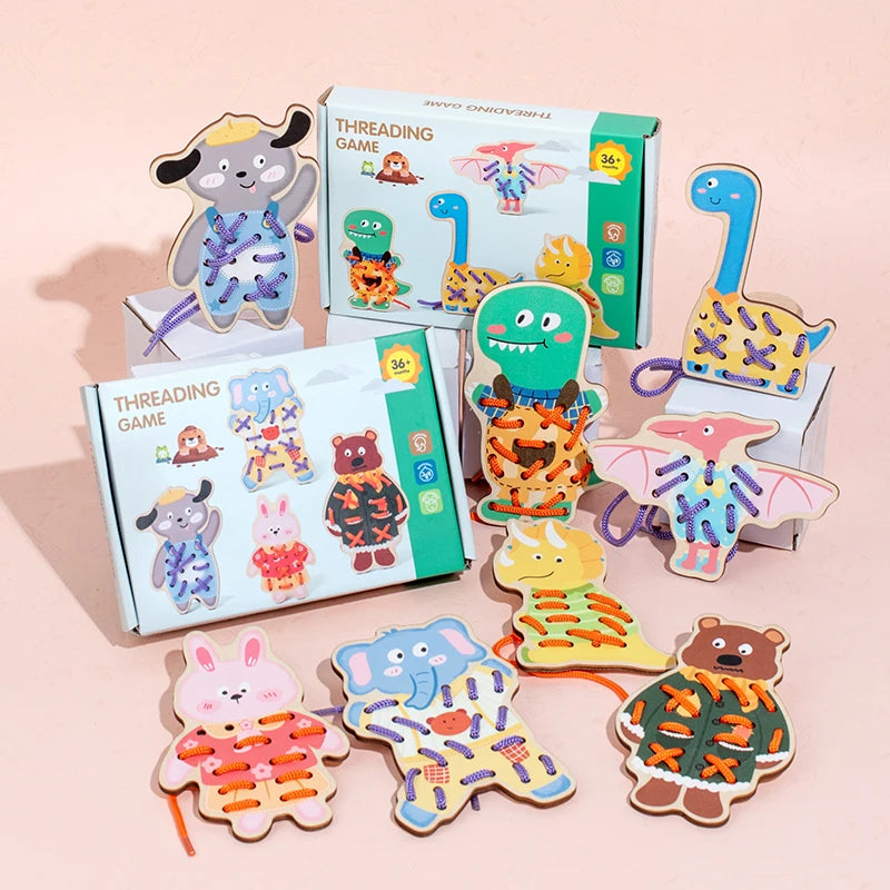 A collection of wooden threading beads and lacing toys for toddlers in various colors and shapes.