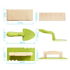 A set of sand and snow building play molds including a shovel and brick molds in light beige and lime green colors.