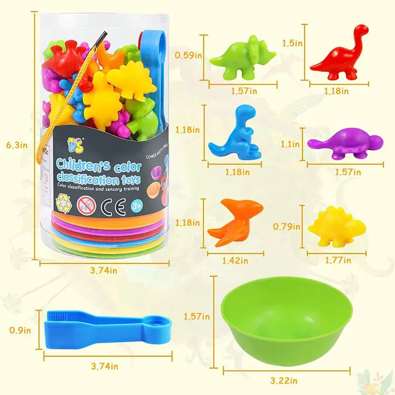 A collection of colorful plastic animal sorting and counting toys, including various sized animals and a blue tool.