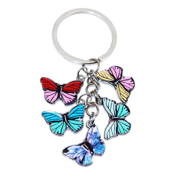 Silver hoop keychain featuring colorful butterfly charms