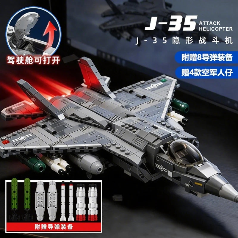 A detailed model kit of the J-35 Attack Helicopter built from gray building blocks, shown with various accessories.