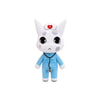 A white plush toy resembling a dog with a red cross on its forehead.
