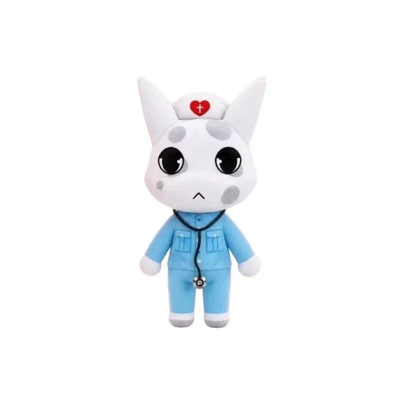 A white plush toy resembling a dog with a red cross on its forehead.