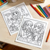 A coloring page featuring two girls in witch costumes with bats and candles, ready for a spooky sleepover theme.