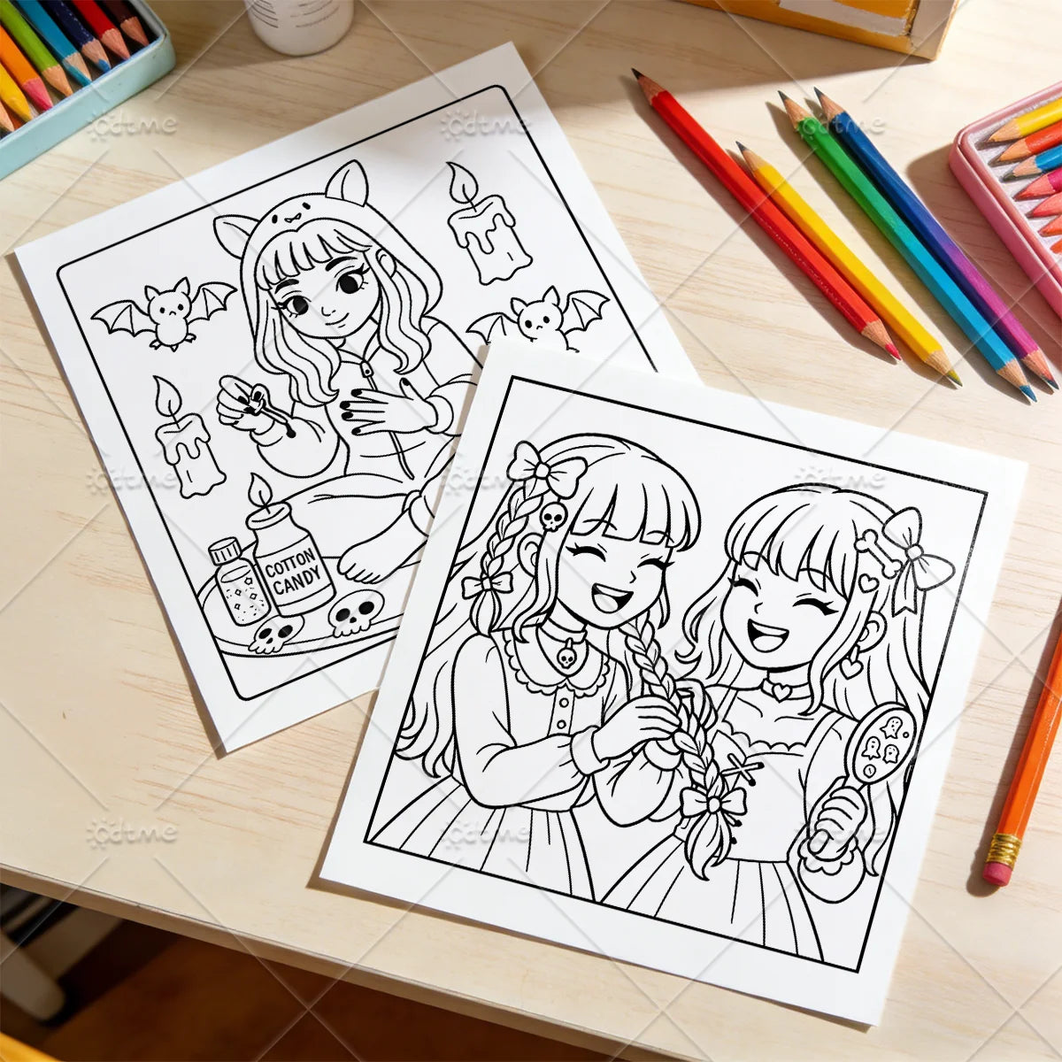 A coloring page featuring two girls in witch costumes with bats and candles, ready for a spooky sleepover theme.