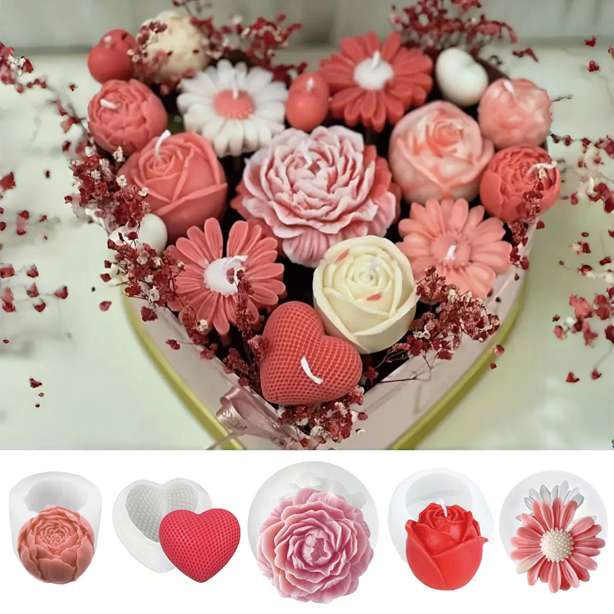 Floral Silicone Candle Mold Set with Rose, Daisy, Peony & Heart Designs