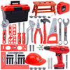 A collection of red and black kids tool sets including a drill, hammer, pliers, and various hand tools.