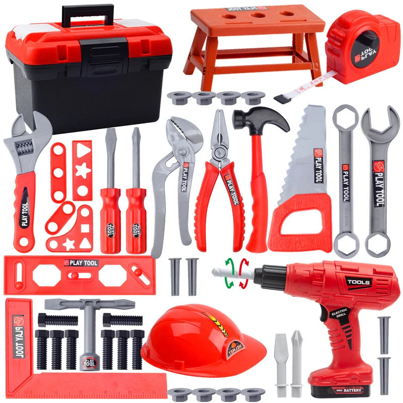 A collection of red and black kids tool sets including a drill, hammer, pliers, and various hand tools.