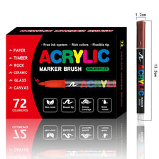 A set of 72 acrylic marker brushes with flexible tips for various art materials like rock, stone, and ceramic.