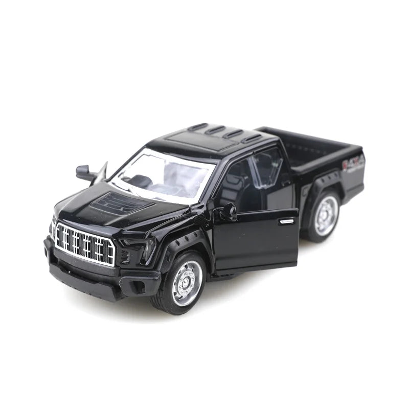 A black 1/36 scale die-cast metal F150 off-road pickup truck with a pullback action.