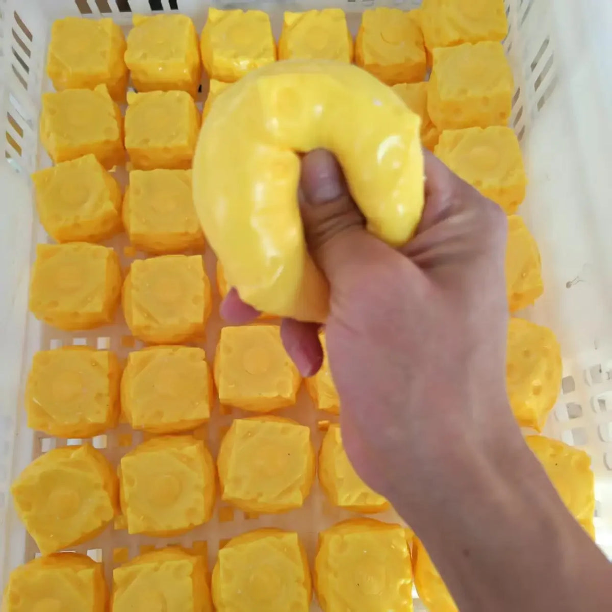 A hand is picking up a yellow squishy toy shaped like a dog noodle from a white plastic basket full of similar toys.