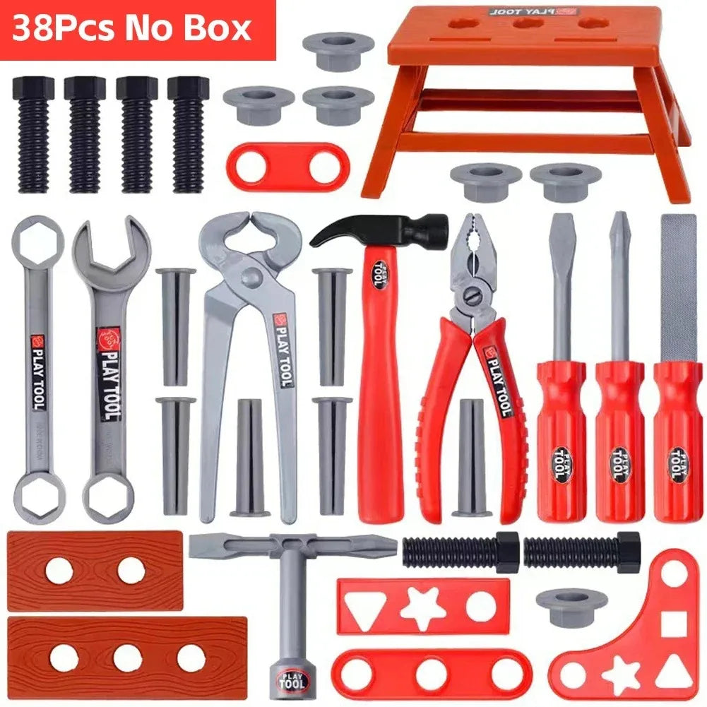 A set of red and gray pretend play tools including a drill, pliers, and various plastic components.