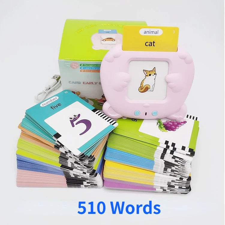 A pink talking flash card toy with a cat image and several stacks of colorful cards.