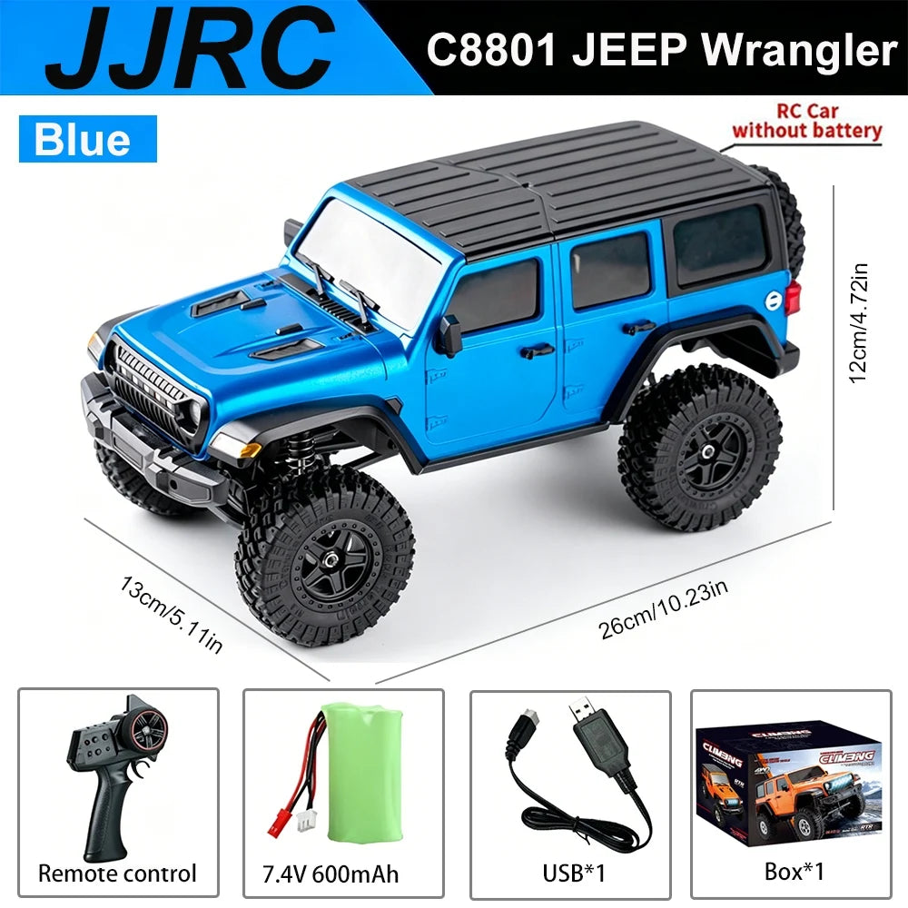 Blue JJRC C8801 Jeep Wrangler RC car with remote control and accessories