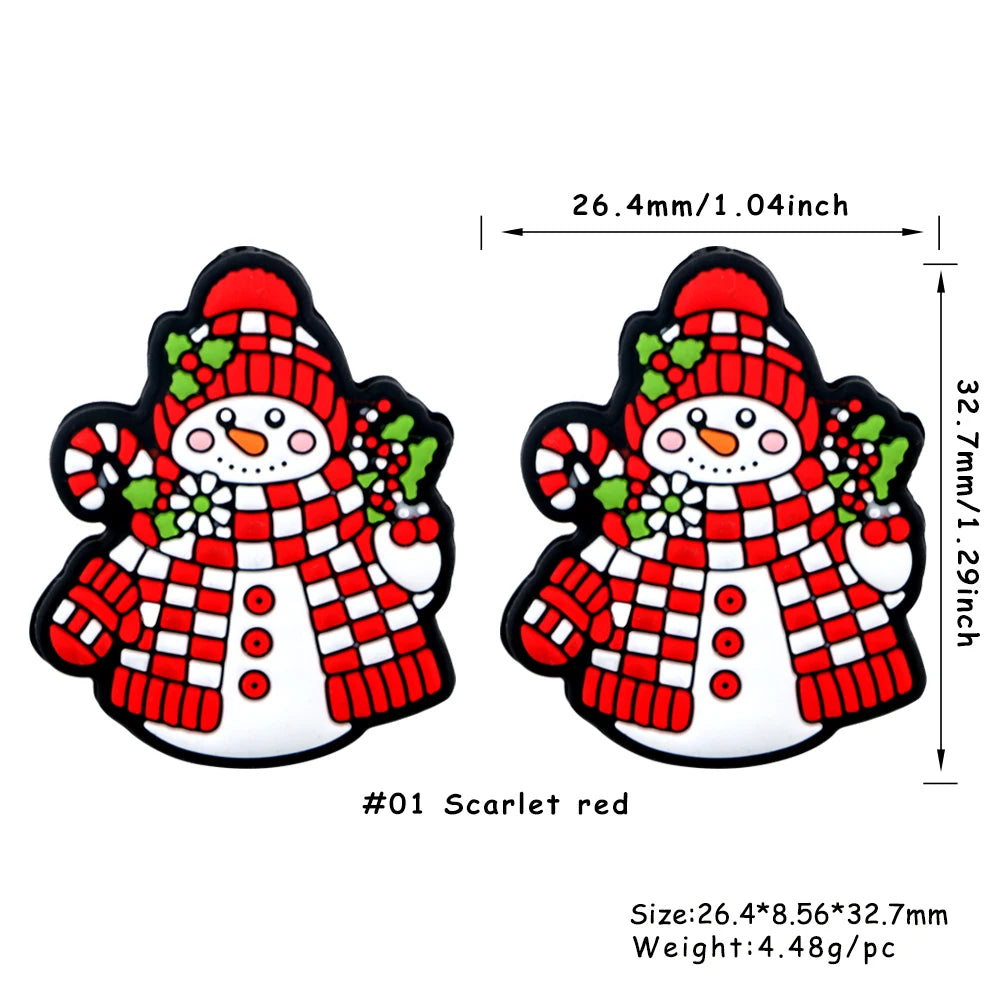Scarlet red festive Christmas silicone bead in the shape of a snowman