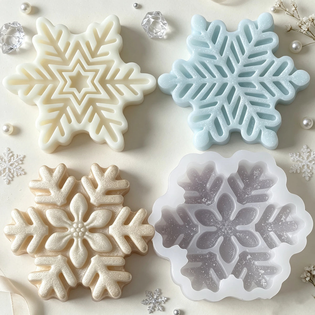 A collection of white and light blue snowflake silicone molds for crafting candles, soap, and wax melts.