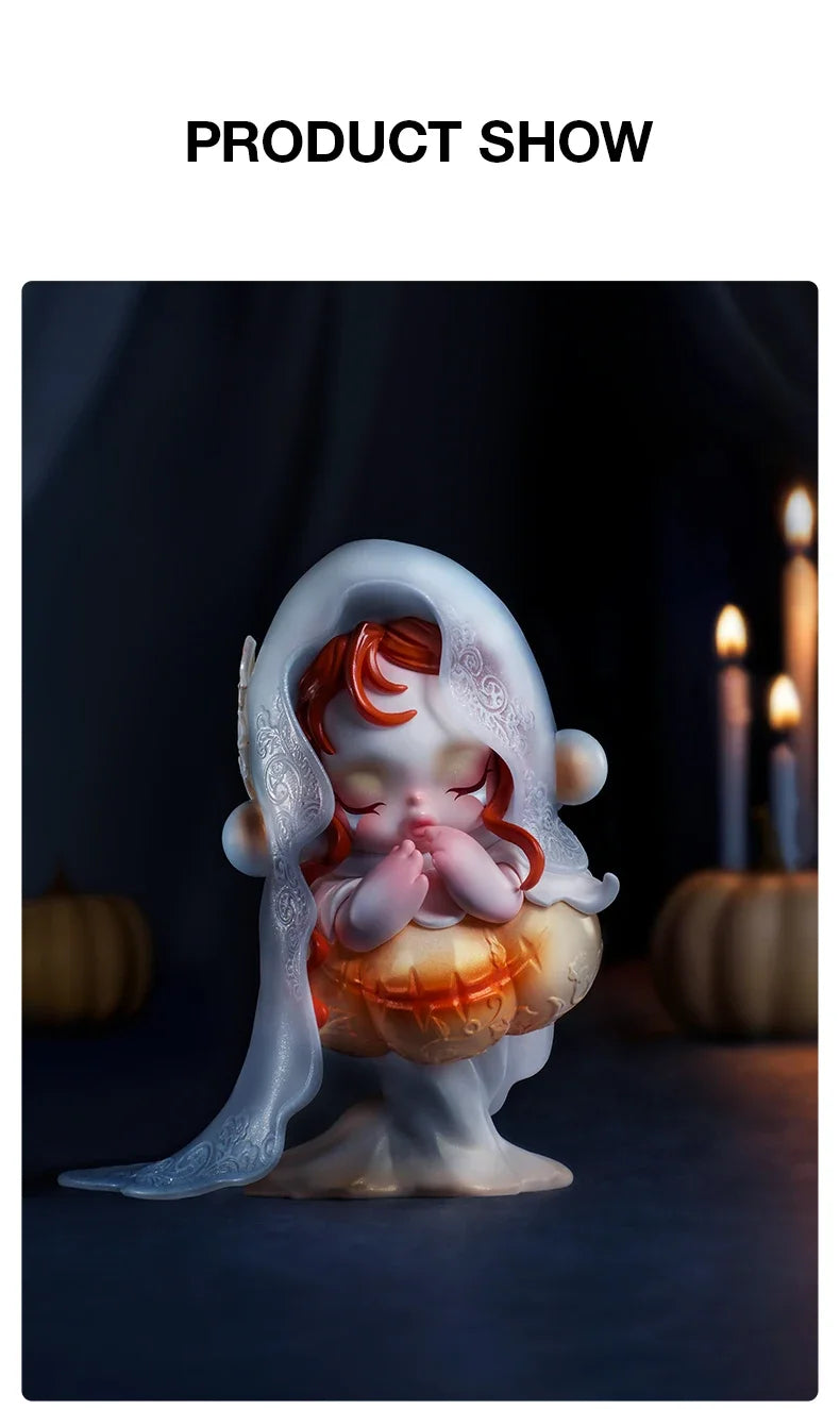 A delicate, translucent white plush doll pendant with reddish-orange hair is shown against a dark background.
