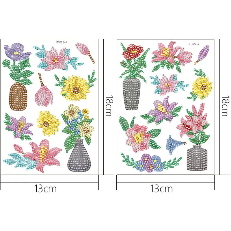 Diamond painting sticker kit featuring floral and butterfly designs in various colors and arrangements