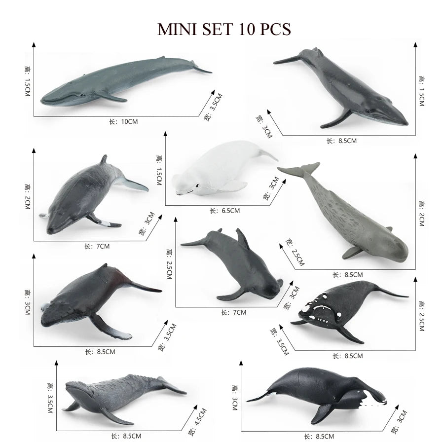 A mini set of 10 realistic ocean animal figurines including a whale, shark, dolphin, turtle, and penguin.