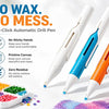 Three white diamond painting pens are shown next to a box of colorful beads and a textured fabric.