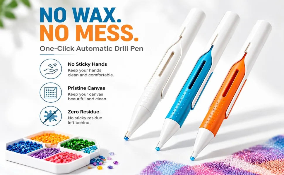 Three white diamond painting pens are shown next to a box of colorful beads and a textured fabric.