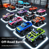 A collection of colorful RC monster trucks displayed on a black surface with glowing light outlines.