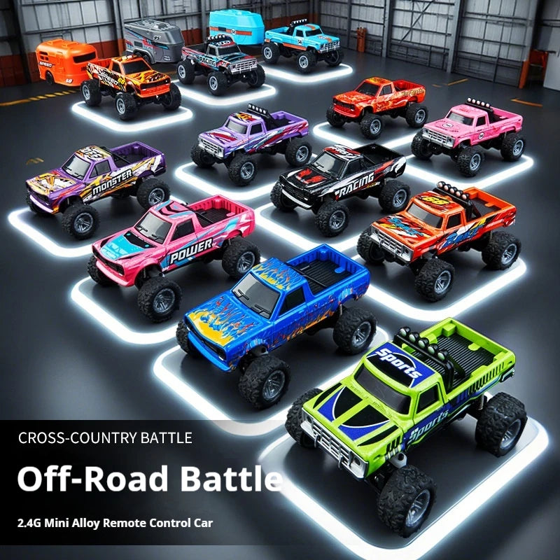 A collection of colorful RC monster trucks displayed on a black surface with glowing light outlines.