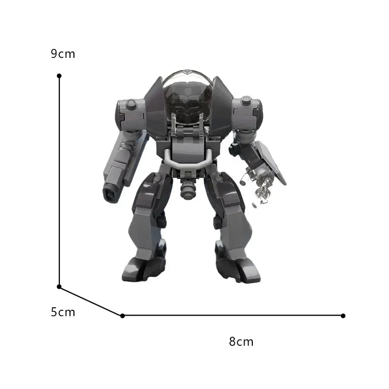 A gray exoskeleton combat robot model built from building blocks, shown from the front.