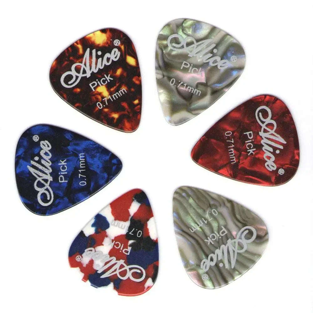 A variety pack of six celluloid guitar picks in different colors and thicknesses, including orange, silver, blue, and red.