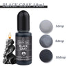 A bottle of black gray candle dye with a dropper, showing 1, 5, and 10 drops of the liquid pigment.