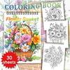A coloring book featuring a detailed illustration of a flower basket with various colorful flowers and foliage.