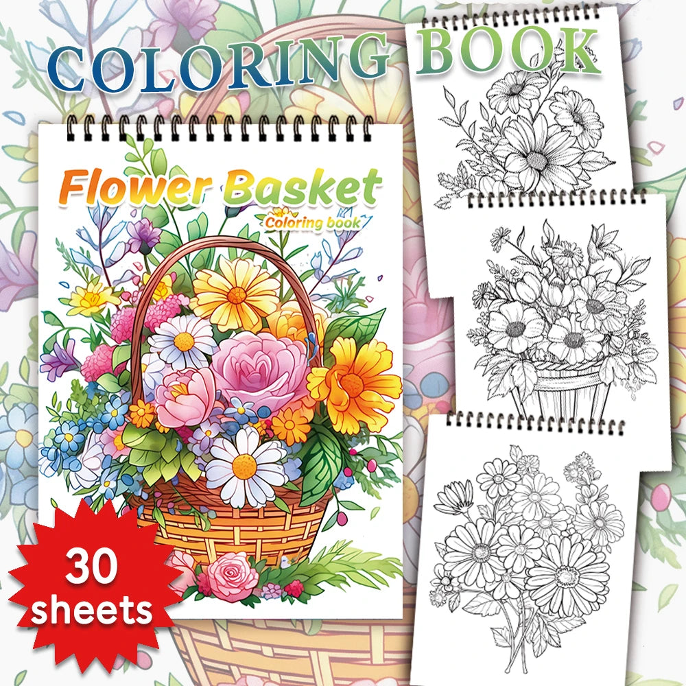 A coloring book featuring a detailed illustration of a flower basket with various colorful flowers and foliage.
