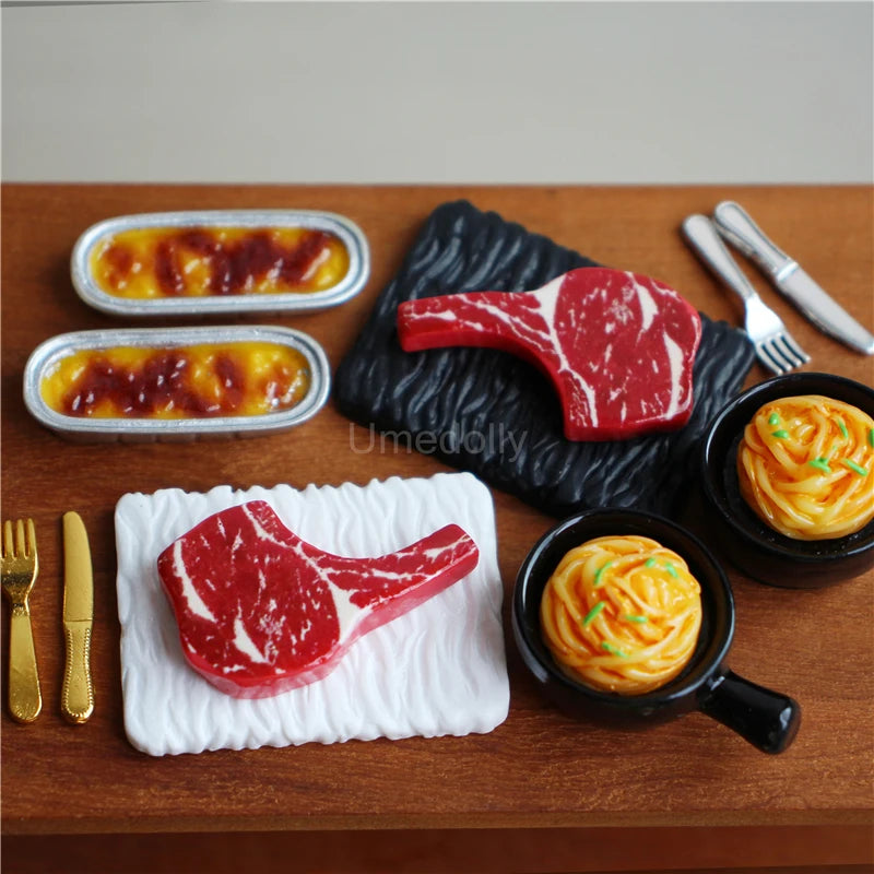 A set of miniature dollhouse food featuring beef steak and pasta in various forms on a wooden table.