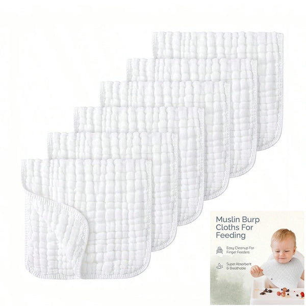 A set of three white muslin burp cloths for feeding, shown in a stacked arrangement.