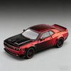 A glossy red Dodge Challenger SRT Hellcat diecast model car viewed from the side.