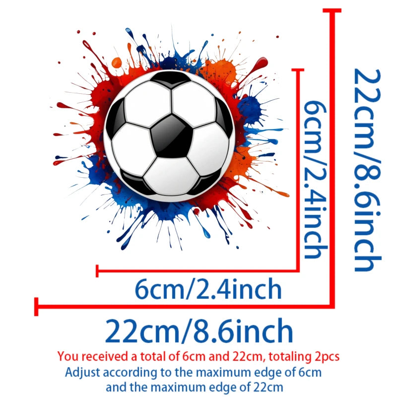 Iron-on patches featuring a soccer ball splash design, with dimensions of 6cm and 22cm.
