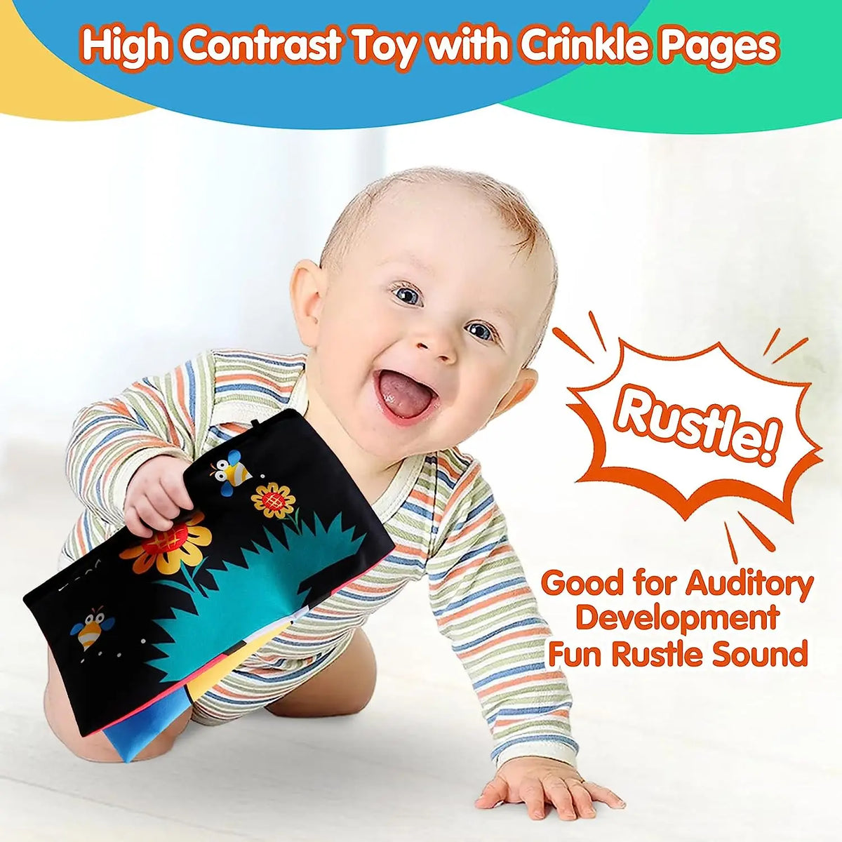High-Contrast Tummy Time Baby Mirror with Crinkle Cloth Book and Teether