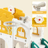 A white and yellow toddler slide and playground playset featuring a climbing structure, a telescope, and a steering wheel.