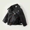 A black faux leather zip-up jacket displayed flat.