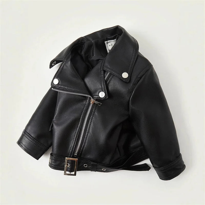 A black faux leather zip-up jacket displayed flat.