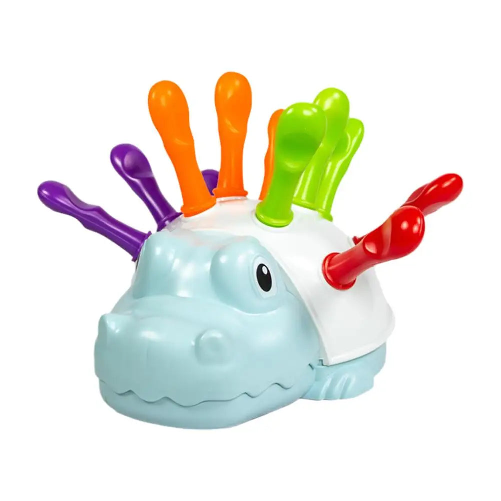 A colorful hedgehog fine motor skills toy with orange and green parts for toddlers.