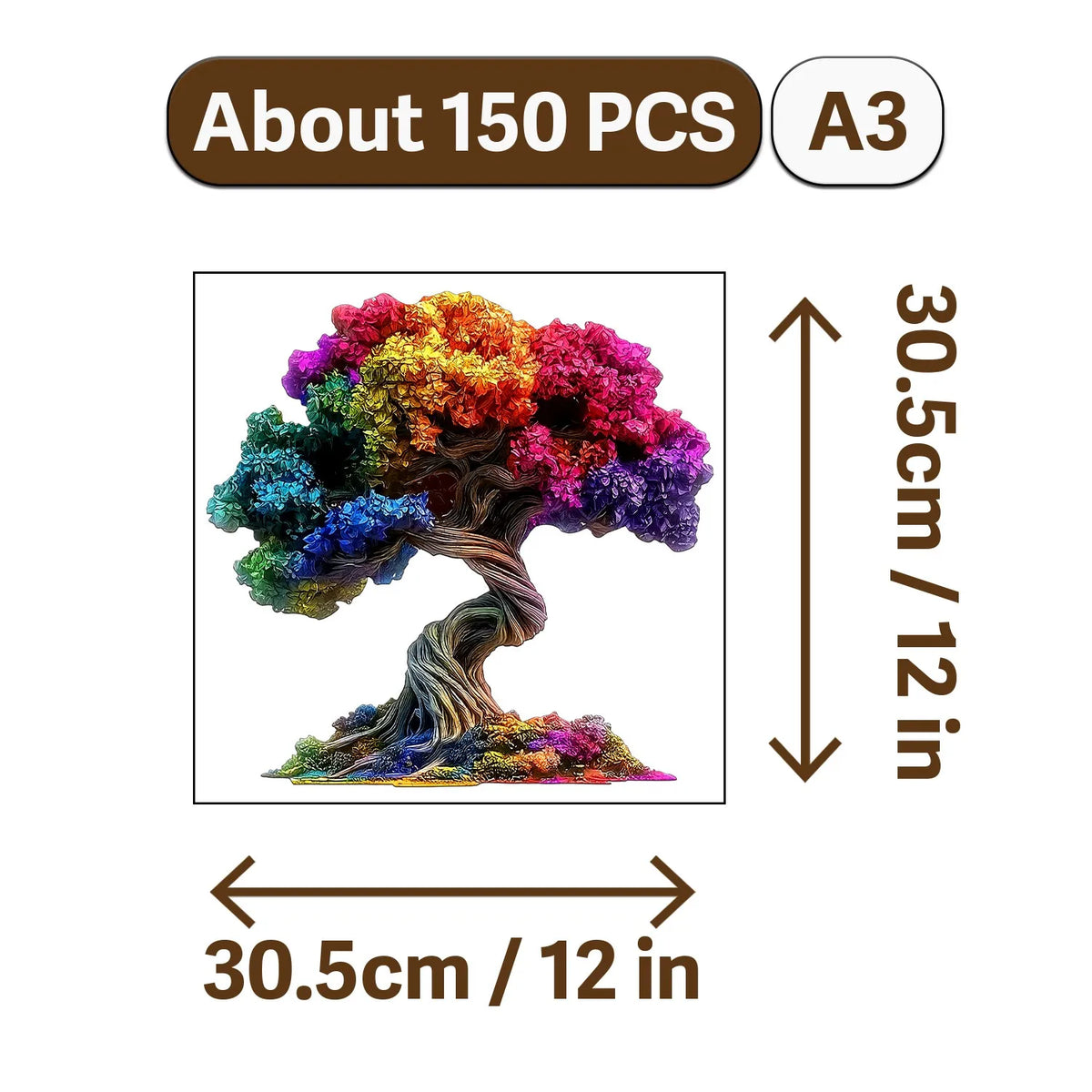 A wooden jigsaw puzzle depicting a colorful tree with vibrant foliage.