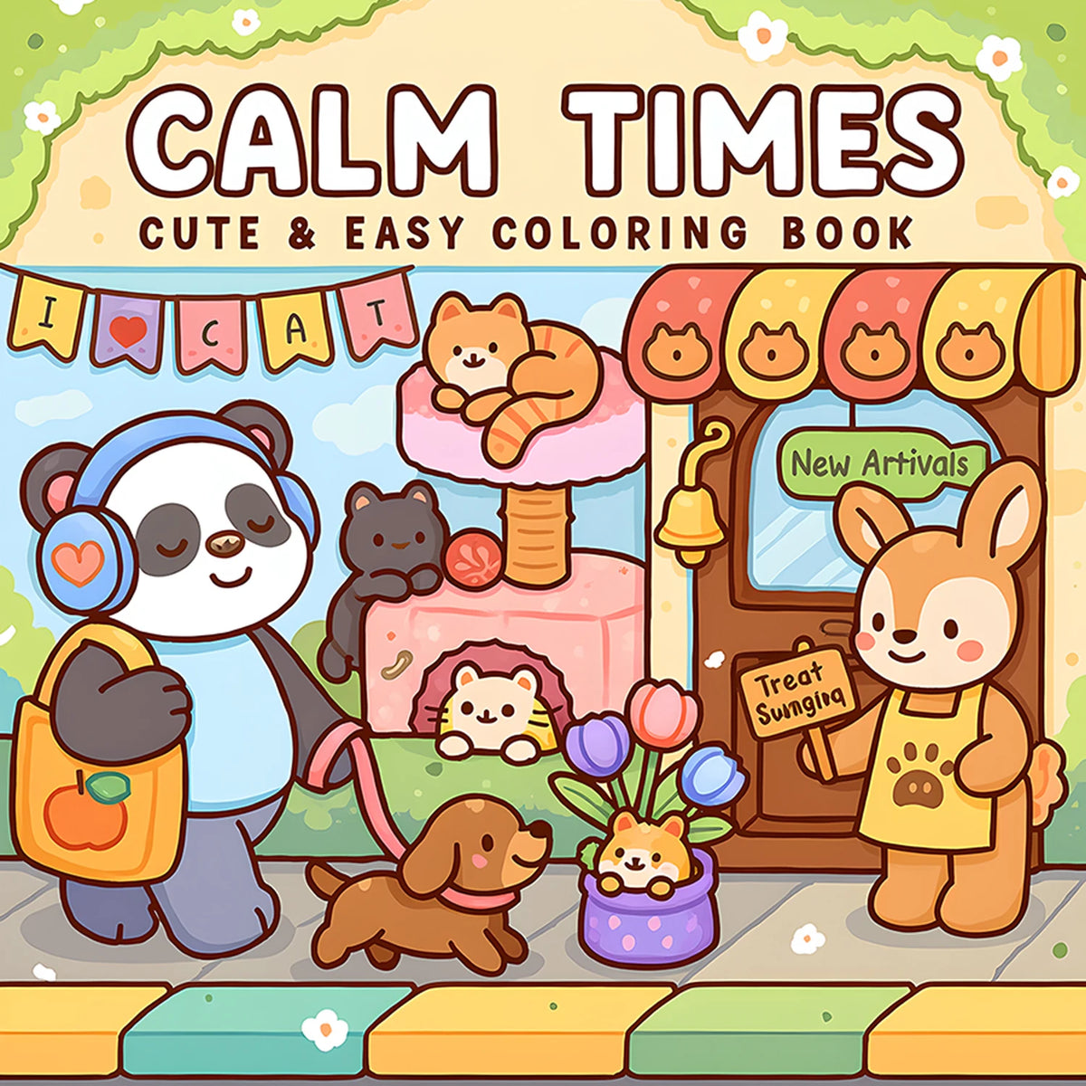 A coloring book cover featuring cute animals like a panda, cat, dog, and rabbit in a colorful illustration.