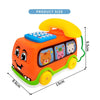 An orange and green toy bus car with a yellow phone and keyboard for toddlers.